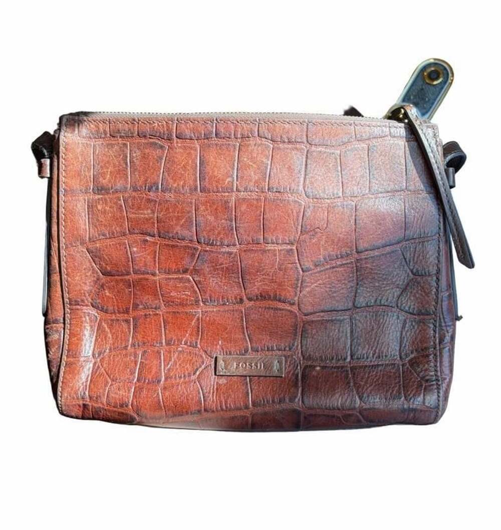 Fossil Croc Embossed Brown Leather Crossbody Bag